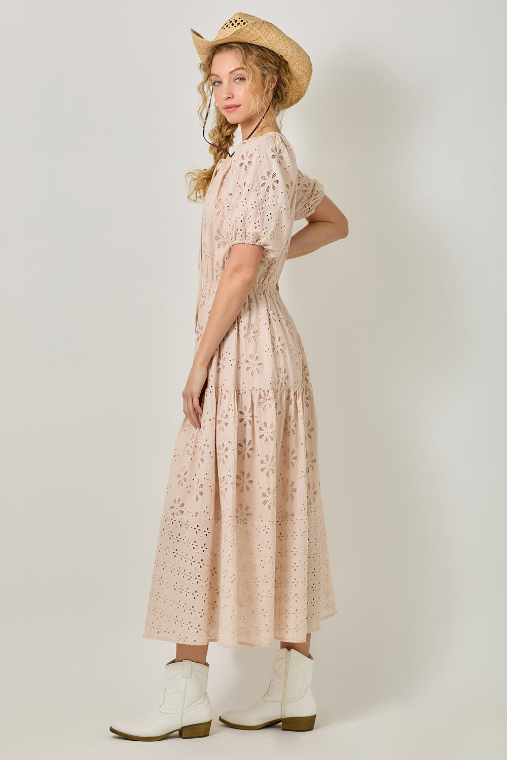 Puff Sleeve Tiered Eyelet Dress
