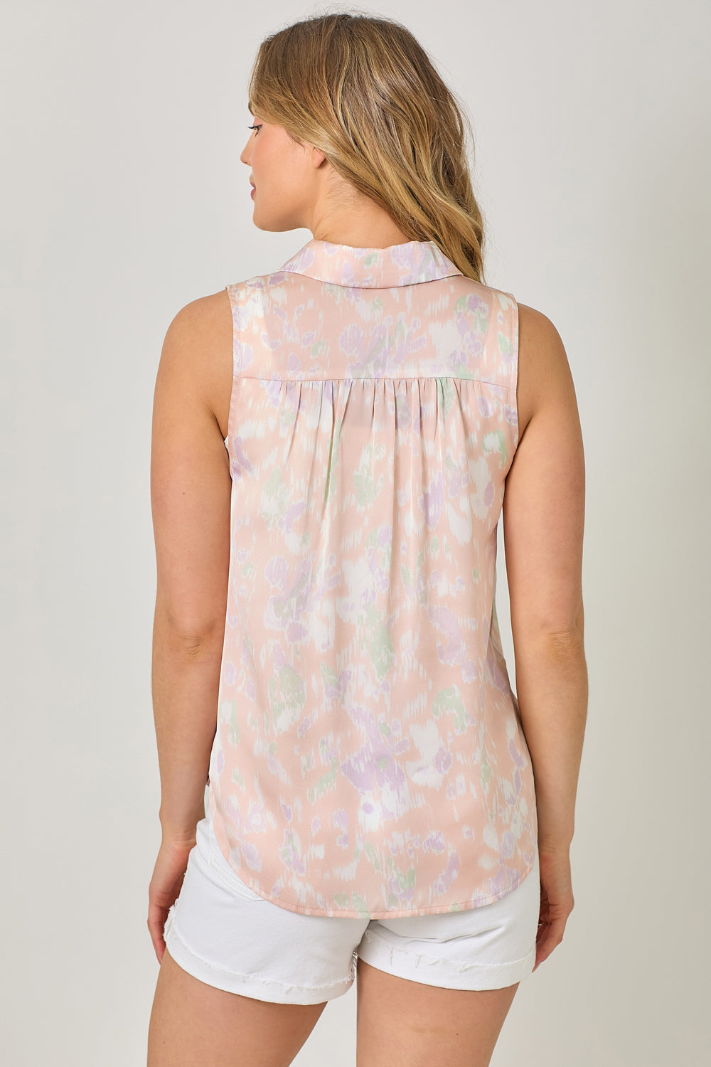Watercolor Print Sleeveless Button Down Shirt