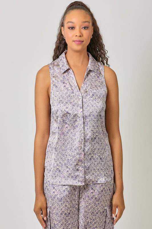 Watercolor Print Sleeveless Button Down Shirt