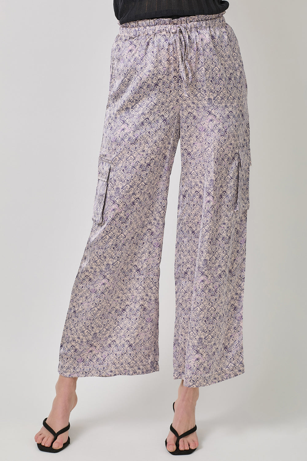 Satin Printed Wide Leg Cargo Pants