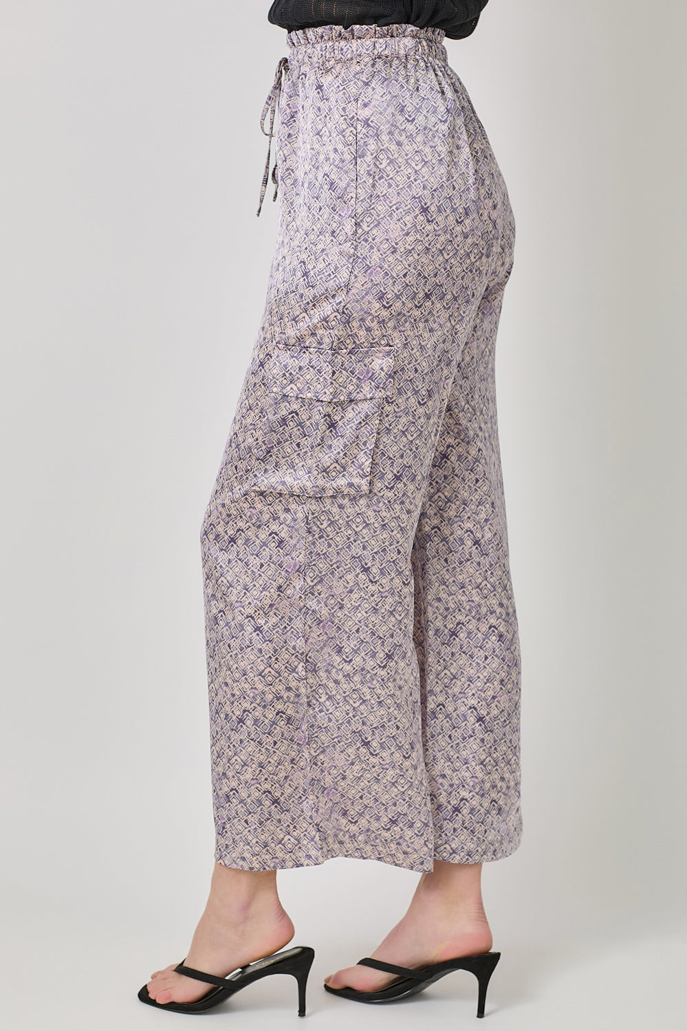 Satin Printed Wide Leg Cargo Pants