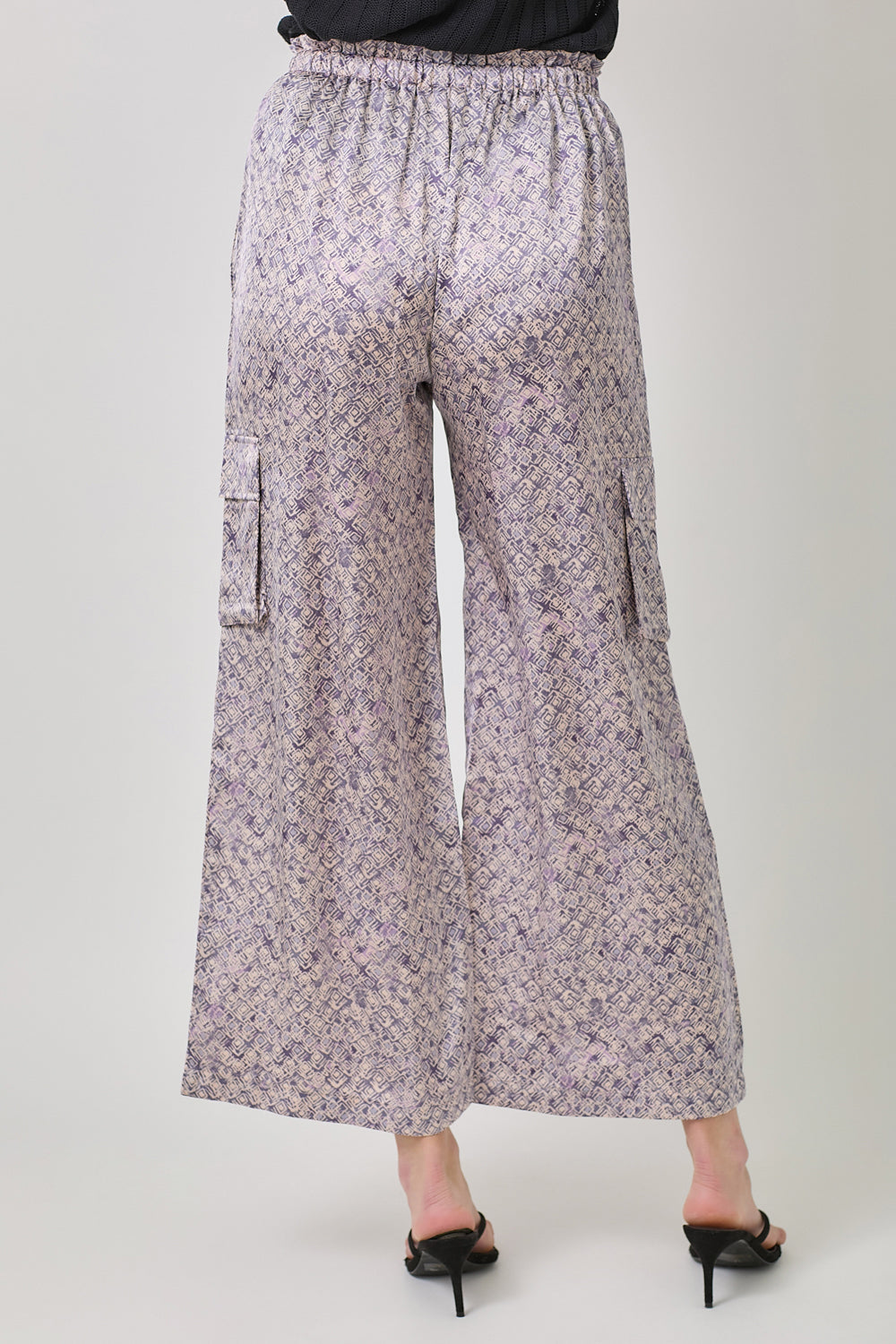 Satin Printed Wide Leg Cargo Pants