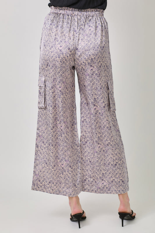 Satin Printed Wide Leg Cargo Pants