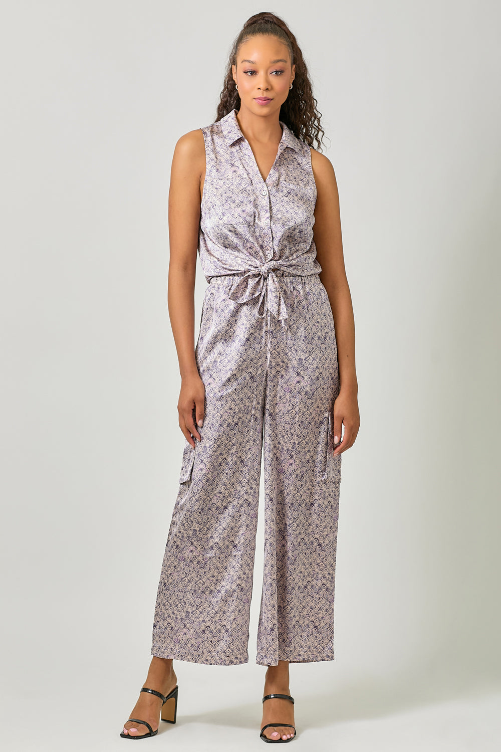 Satin Printed Wide Leg Cargo Pants