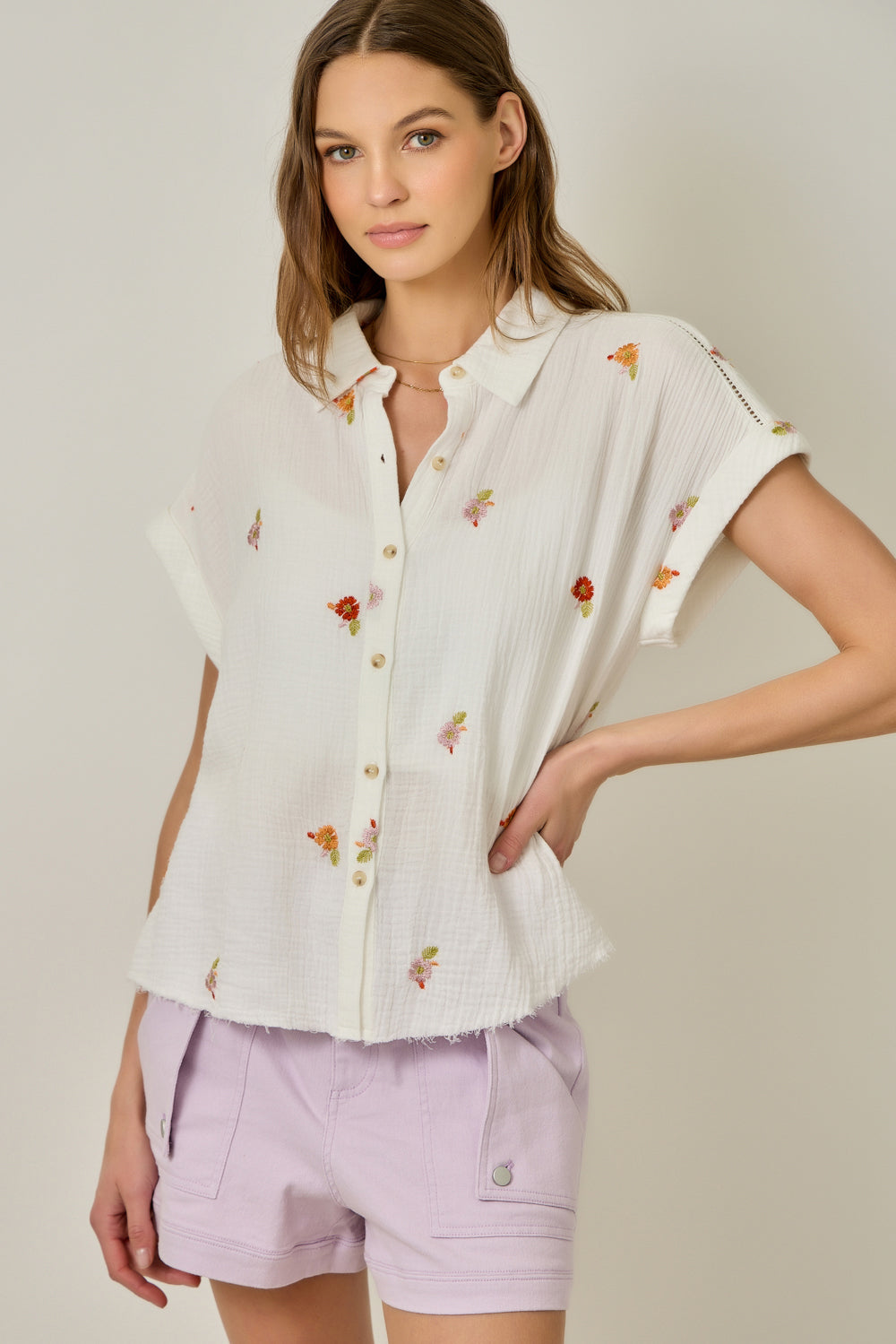 Washed Embroidered Button Down Top with Collared Neck & Fringed Hi-Lo Hem