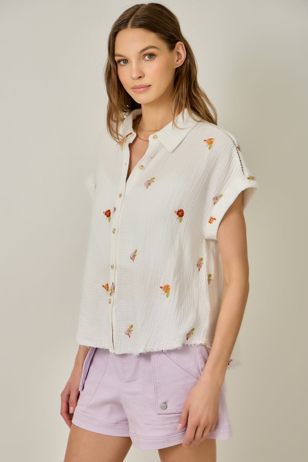 Washed Embroidered Button Down Top with Collared Neck & Fringed Hi-Lo Hem