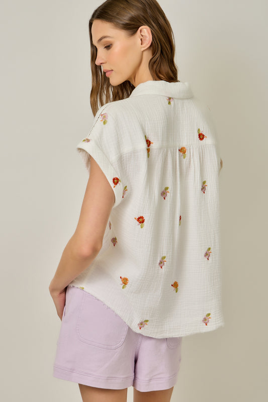 Washed Embroidered Button Down Top with Collared Neck & Fringed Hi-Lo Hem