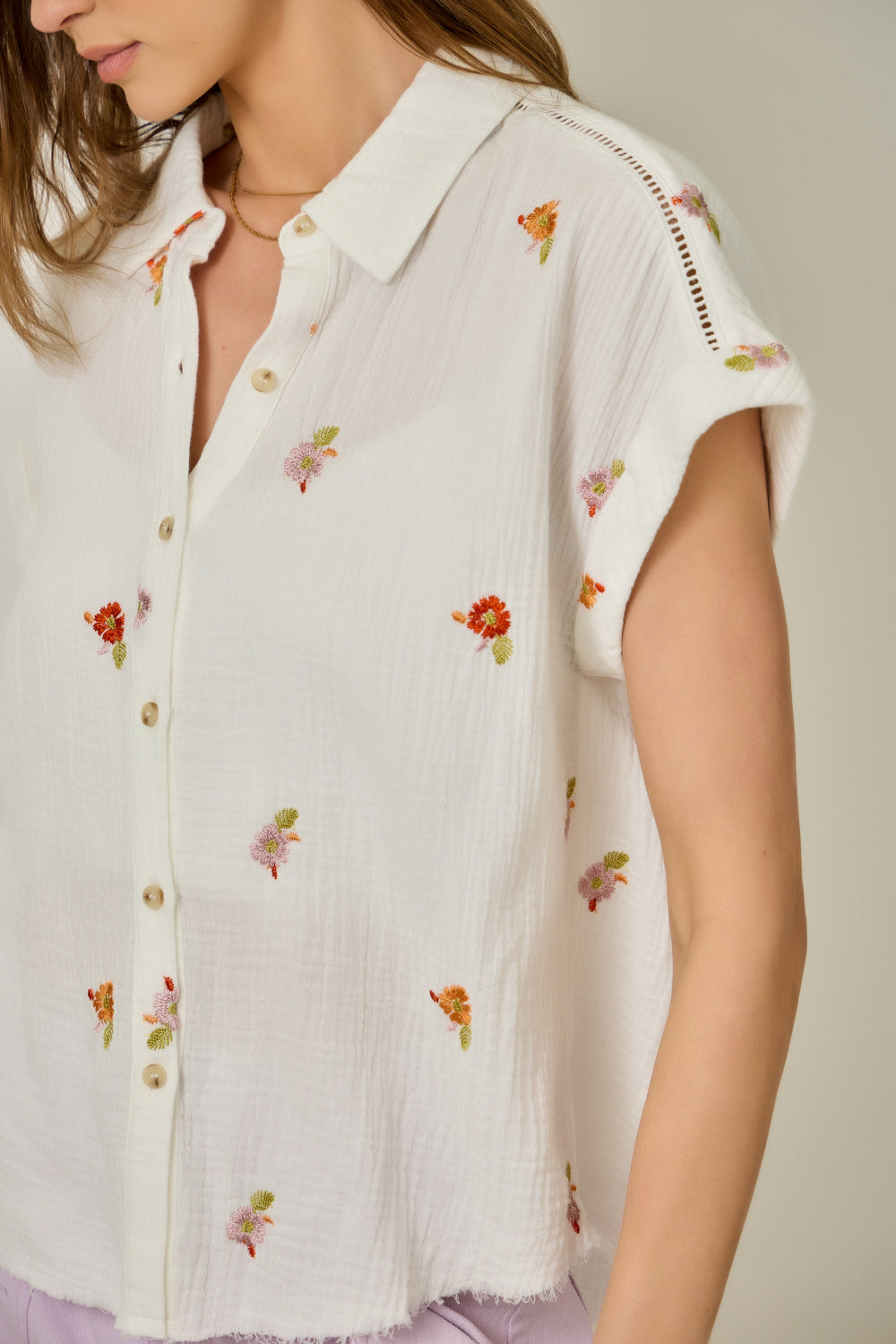 Washed Embroidered Button Down Top with Collared Neck & Fringed Hi-Lo Hem
