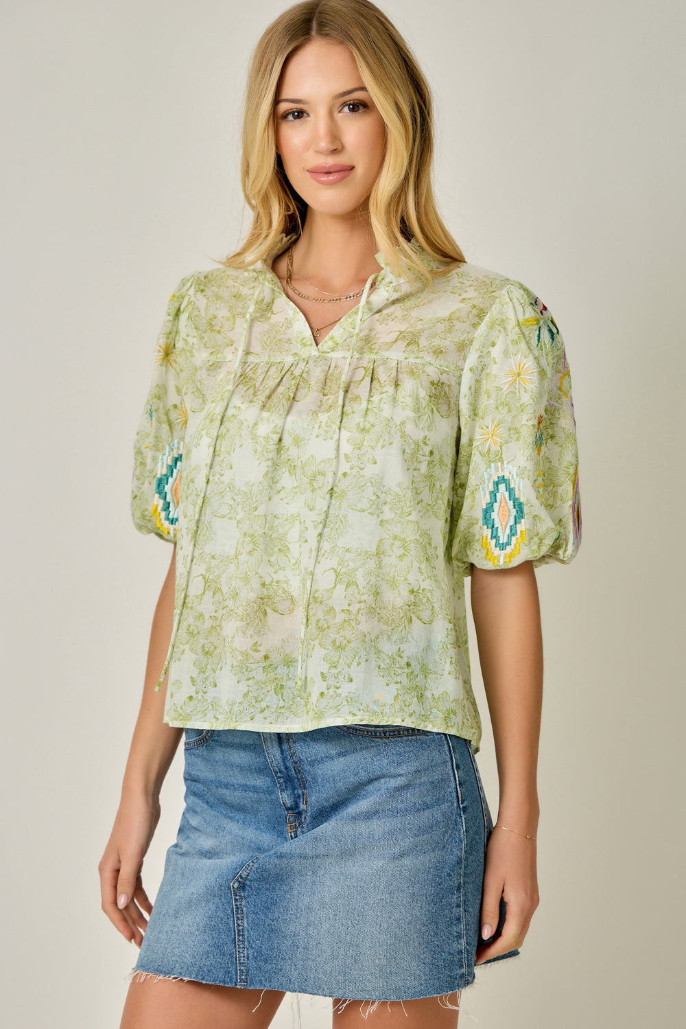 Floral Embroidered Sleeve Peasant Blouse with V-Neck Tie & Puff Sleeves