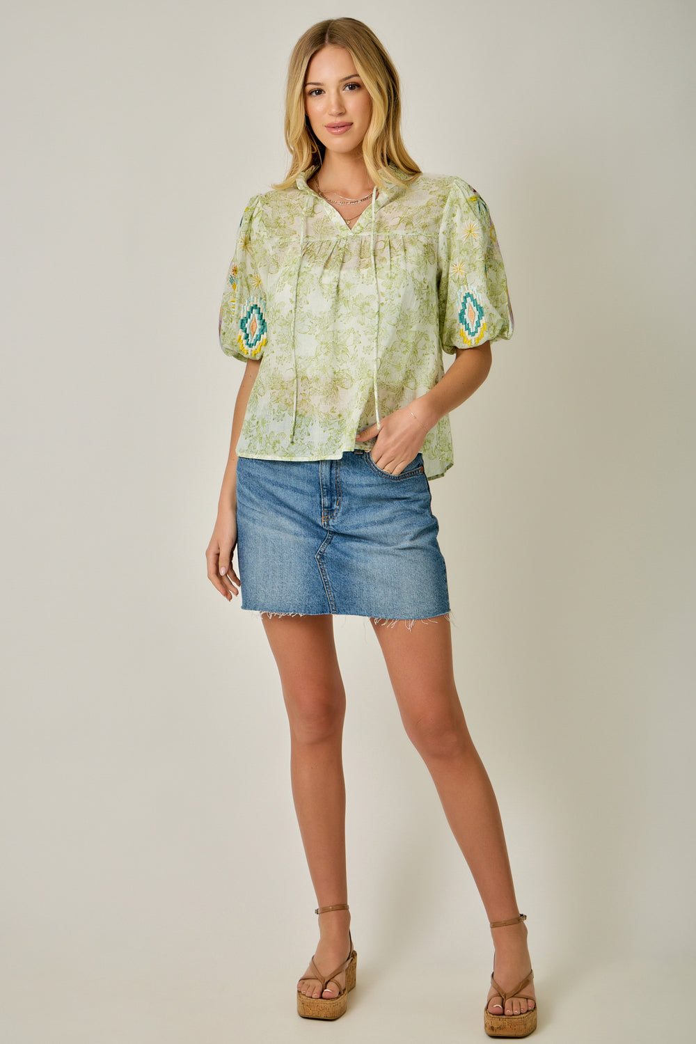 Floral Embroidered Sleeve Peasant Blouse with V-Neck Tie & Puff Sleeves