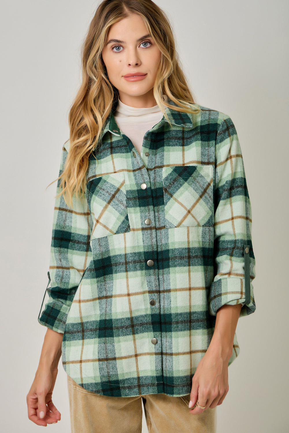Women's Cozy Mixed Plaid Brushed Shacket | Snap Button Hi-Low Jacket