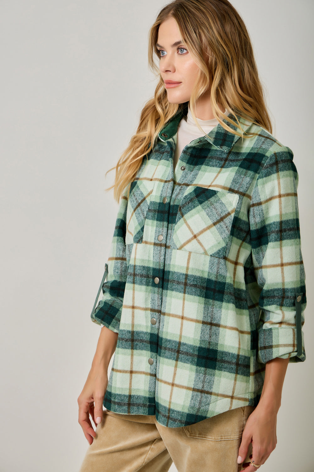 Women's Cozy Mixed Plaid Brushed Shacket | Snap Button Hi-Low Jacket