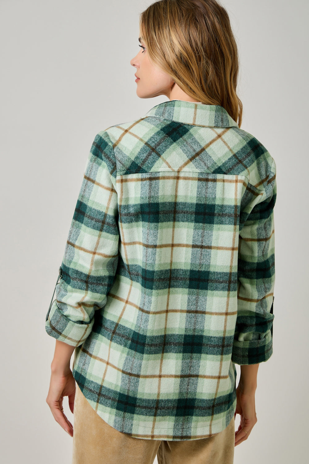 Women's Cozy Mixed Plaid Brushed Shacket | Snap Button Hi-Low Jacket