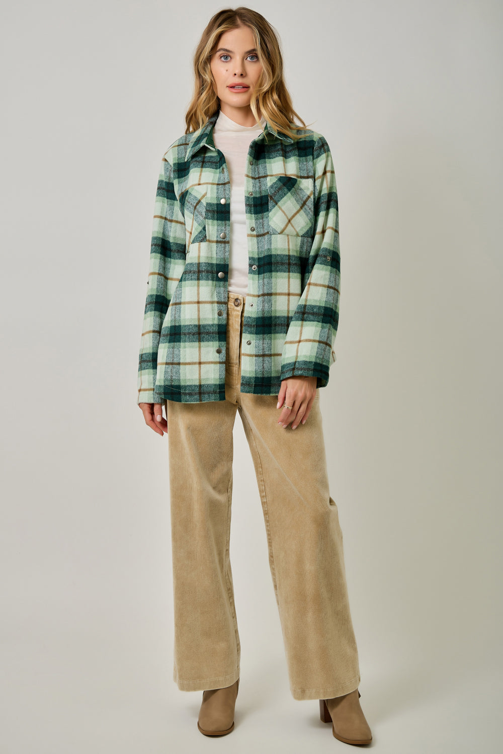Women's Cozy Mixed Plaid Brushed Shacket | Snap Button Hi-Low Jacket