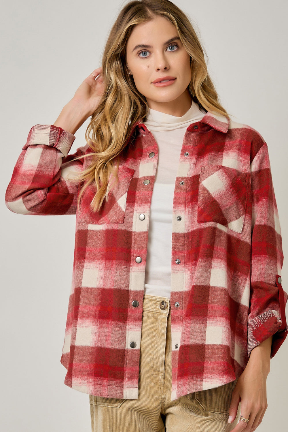 Women's Cozy Mixed Plaid Brushed Shacket | Snap Button Hi-Low Jacket