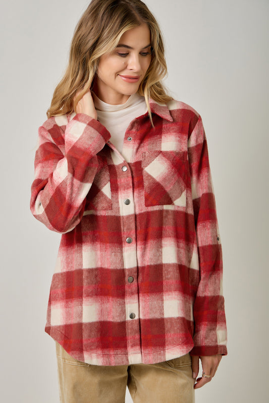 Women's Cozy Mixed Plaid Brushed Shacket | Snap Button Hi-Low Jacket