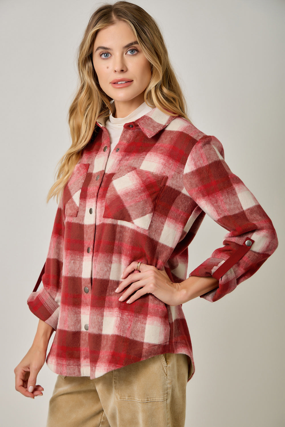 Women's Cozy Mixed Plaid Brushed Shacket | Snap Button Hi-Low Jacket