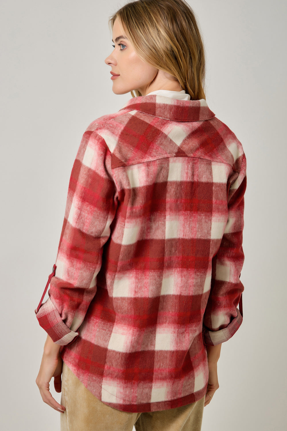 Women's Cozy Mixed Plaid Brushed Shacket | Snap Button Hi-Low Jacket