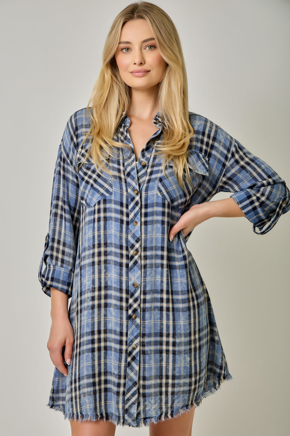 Washed Plaid Button-Down Shirt Dress with Fringed Hi-Lo Hem
