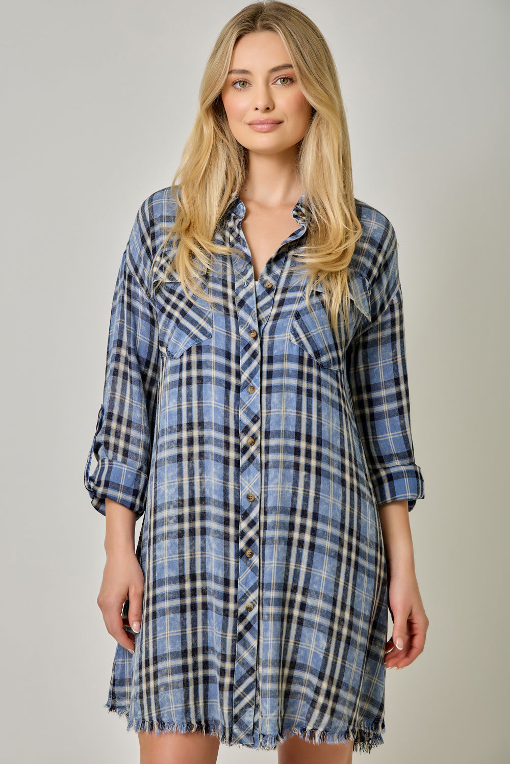Washed Plaid Button-Down Shirt Dress with Fringed Hi-Lo Hem
