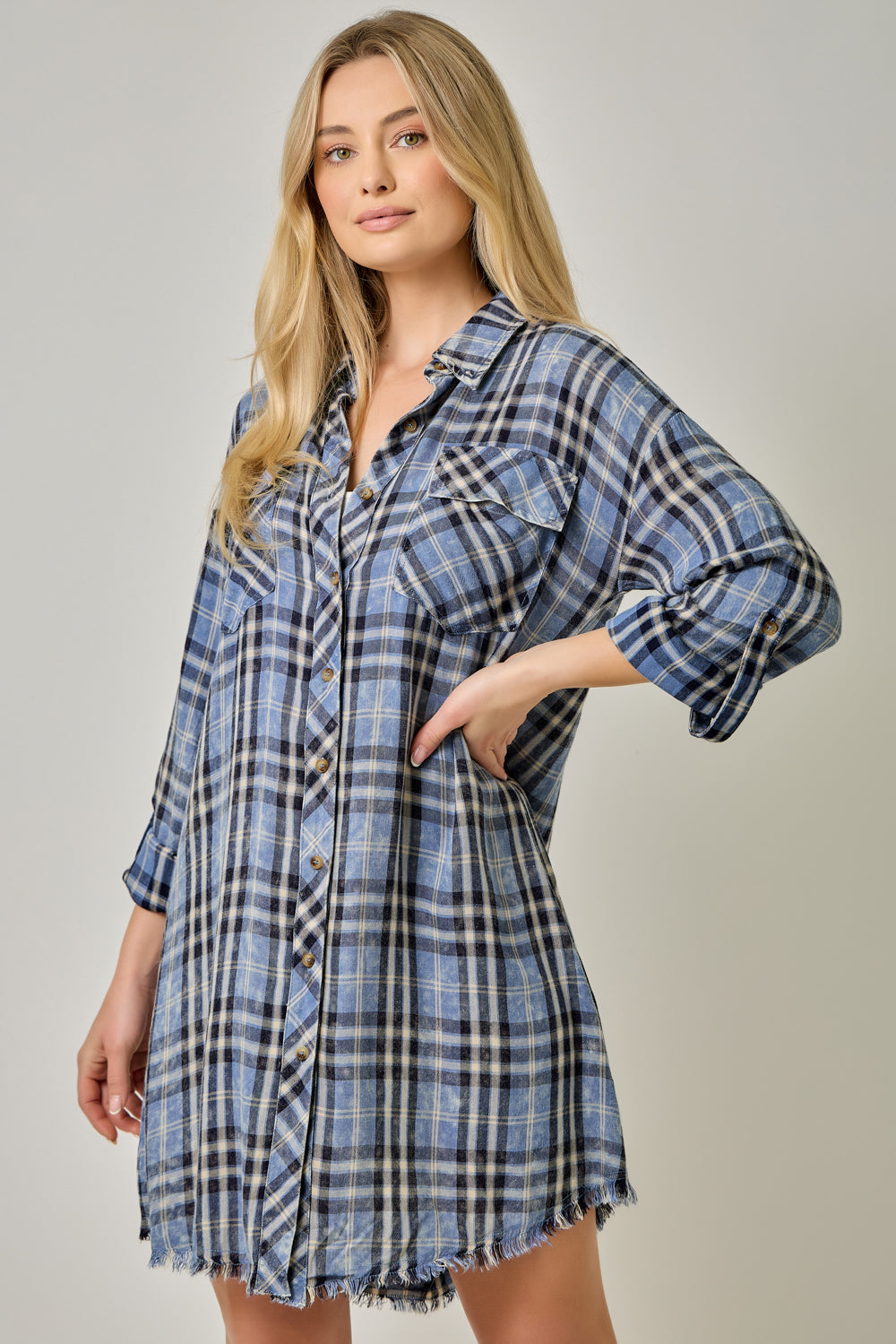 Washed Plaid Button-Down Shirt Dress with Fringed Hi-Lo Hem