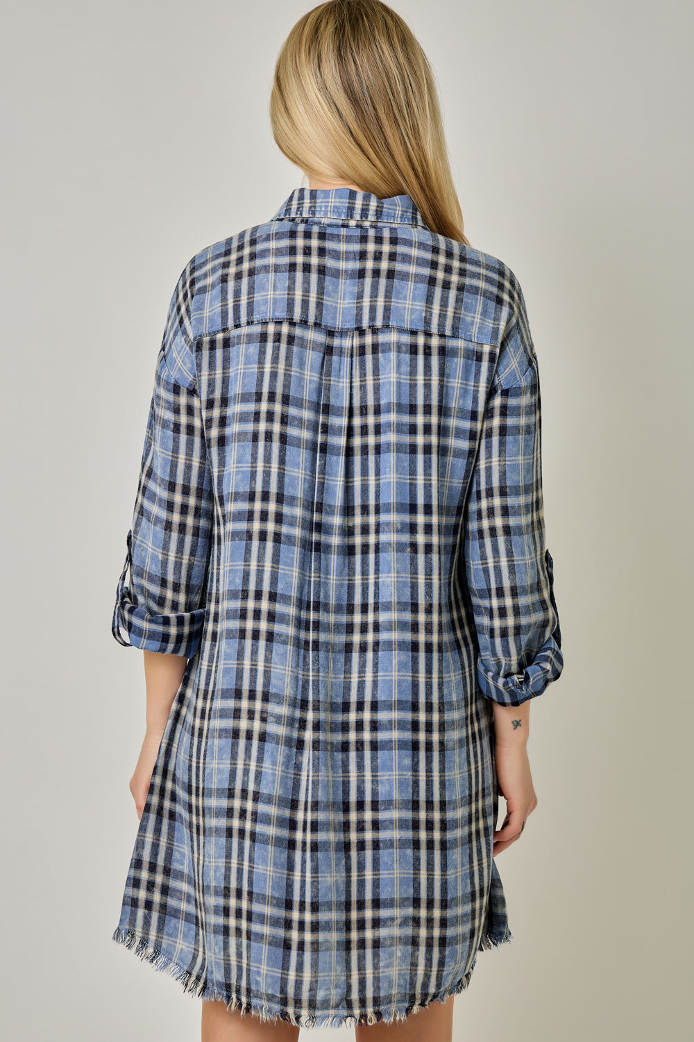 Washed Plaid Button-Down Shirt Dress with Fringed Hi-Lo Hem
