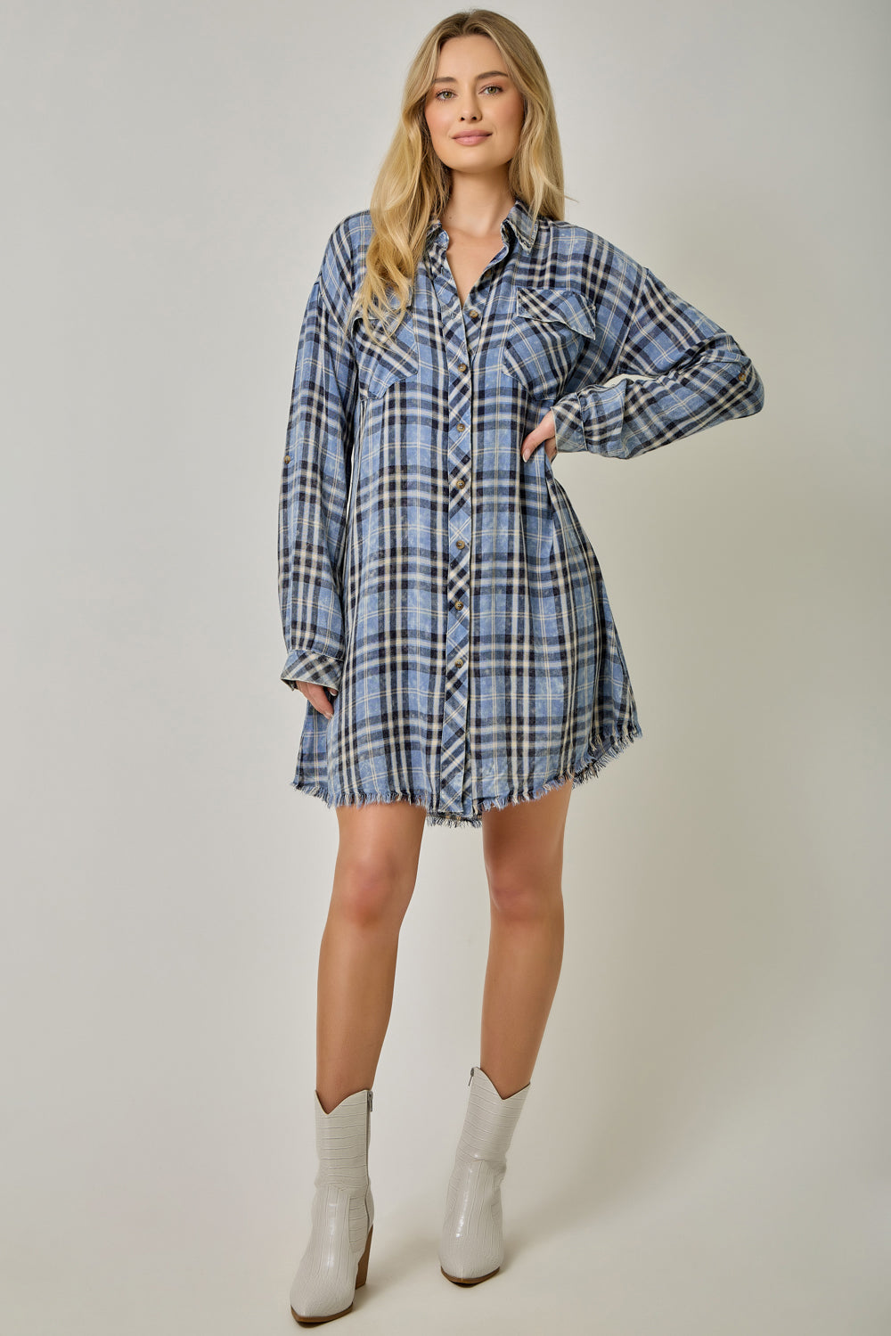 Washed Plaid Button-Down Shirt Dress with Fringed Hi-Lo Hem