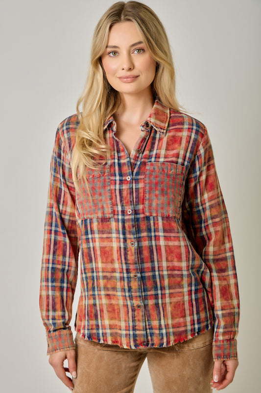 Women's Washed Red Mixed Plaid Button Down Shirt | Fringed Hi-Low Hem Shacket