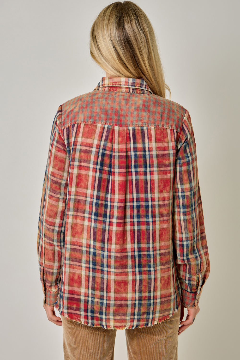 Women's Washed Red Mixed Plaid Button Down Shirt | Fringed Hi-Low Hem Shacket