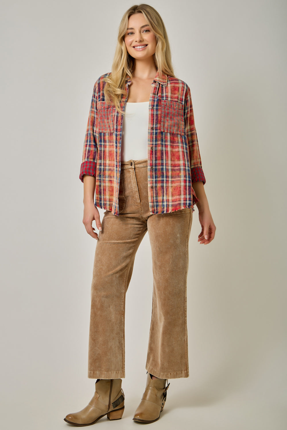 Women's Washed Red Mixed Plaid Button Down Shirt | Fringed Hi-Low Hem Shacket
