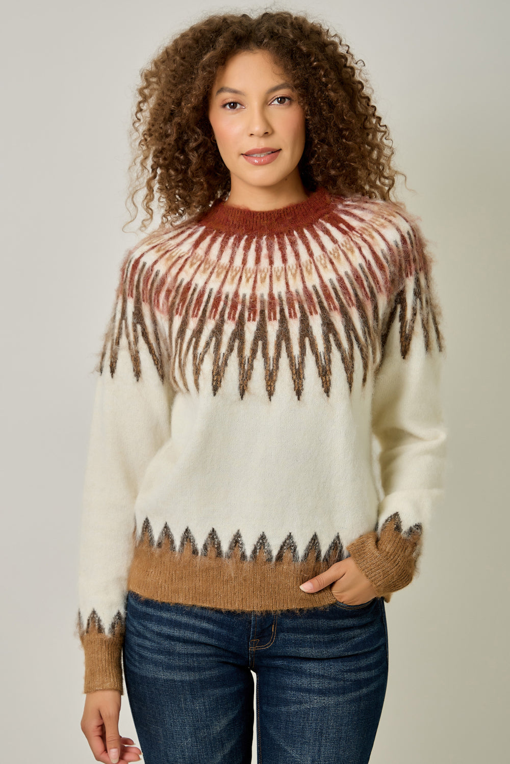 Fuzzy Fair Isle Mock Neck Sweater for Women