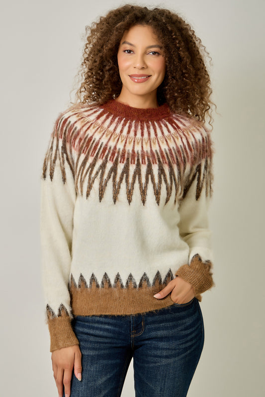 Fuzzy Fair Isle Mock Neck Sweater for Women