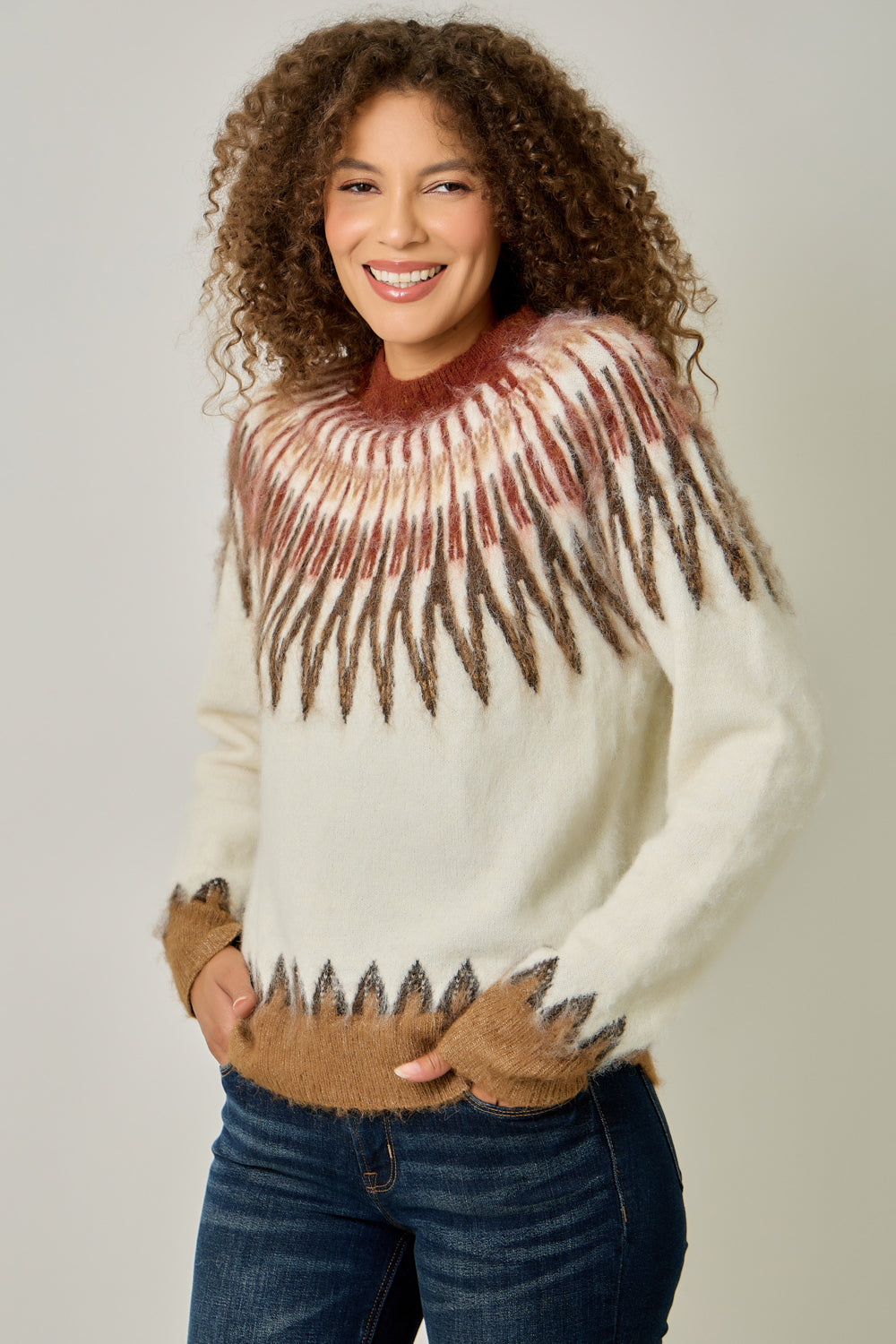 Fuzzy Fair Isle Mock Neck Sweater for Women