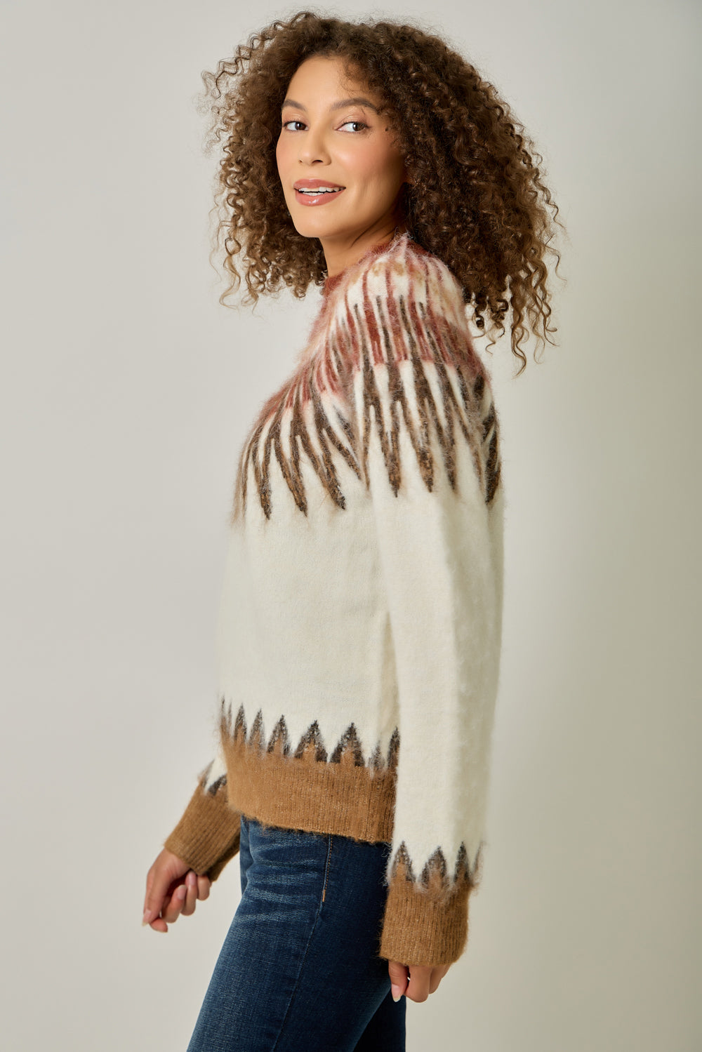 Fuzzy Fair Isle Mock Neck Sweater for Women