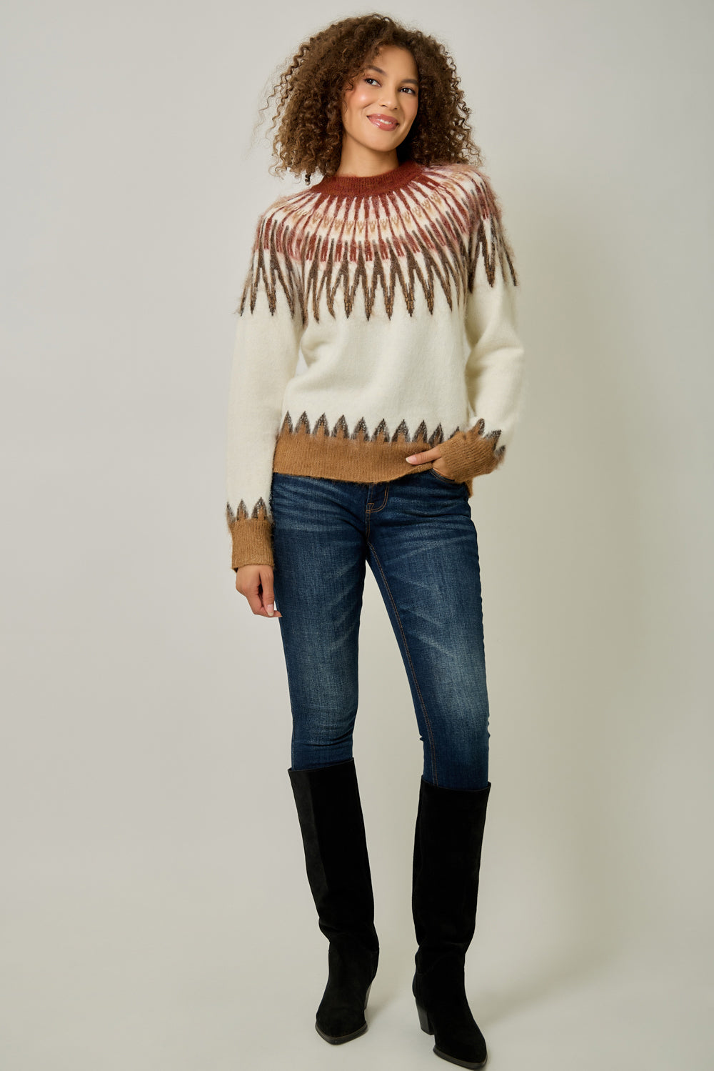 Fuzzy Fair Isle Mock Neck Sweater for Women