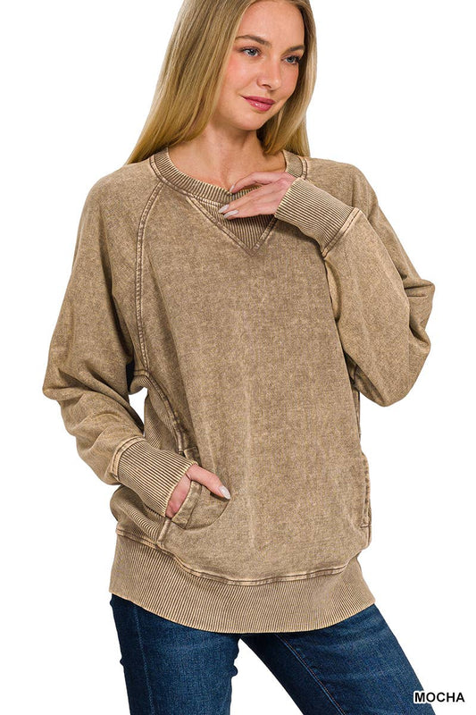 Acid Washed French Terry Pullover Sweatshirt – 100% Cotton Relaxed Fit Top with Pockets & Ribbed Detail