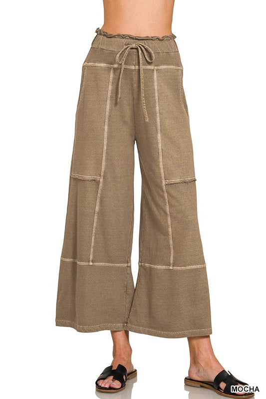 Washed French Terry Exposed Seam Wide Leg Pants – Pigment Dyed Cotton Lounge Pants with Drawstring Waist & Pockets