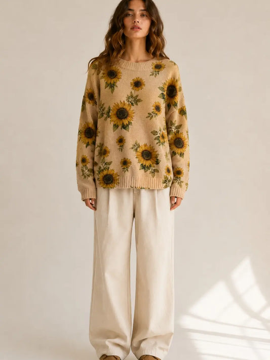 Women's Sunflower Print Knit Sweater – Cozy Relaxed Fit Floral Pullover