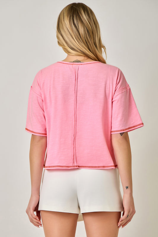 Pink Floral Beaded Relaxed Fit T-Shirt – Boxy Tee with Round Neckline & Half Sleeves