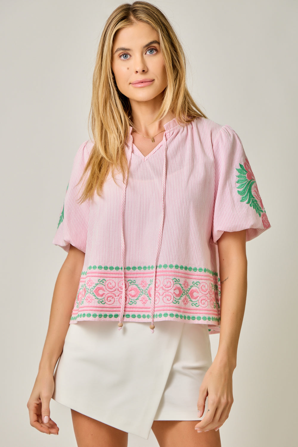 Abstract Embroidered Pinstripe Blouse with Ruffled Mock Neck & Beaded Tie