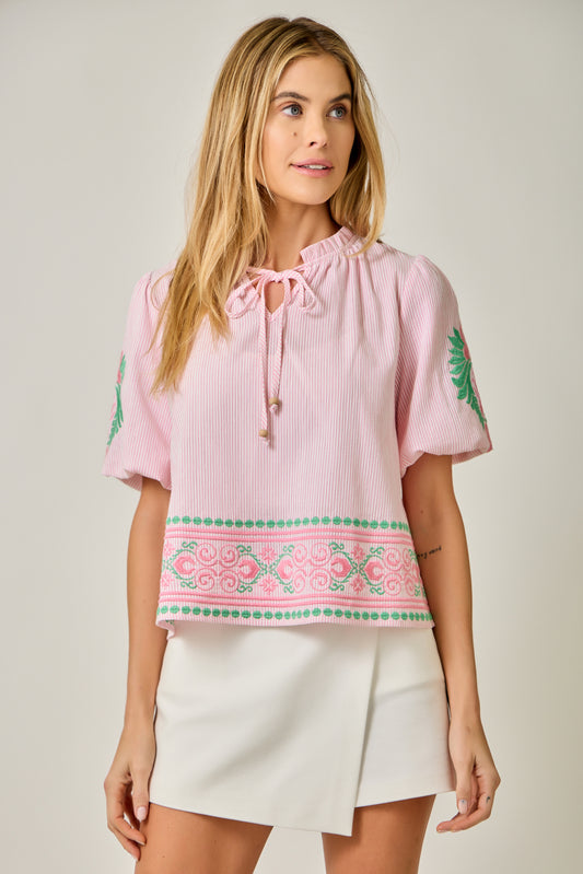 Abstract Embroidered Pinstripe Blouse with Ruffled Mock Neck & Beaded Tie