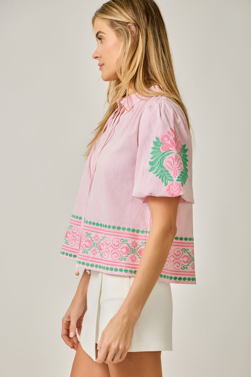 Abstract Embroidered Pinstripe Blouse with Ruffled Mock Neck & Beaded Tie