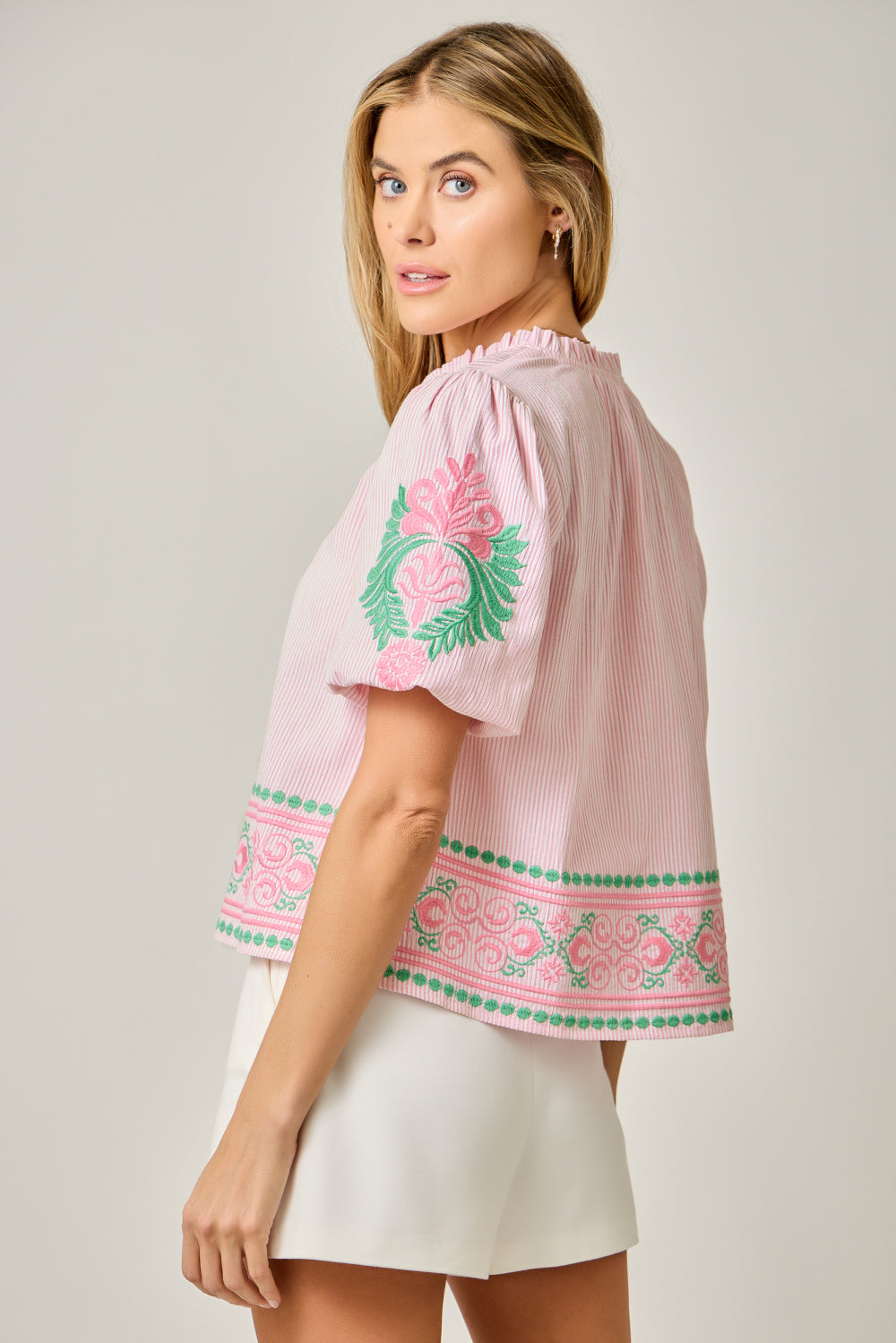 Abstract Embroidered Pinstripe Blouse with Ruffled Mock Neck & Beaded Tie