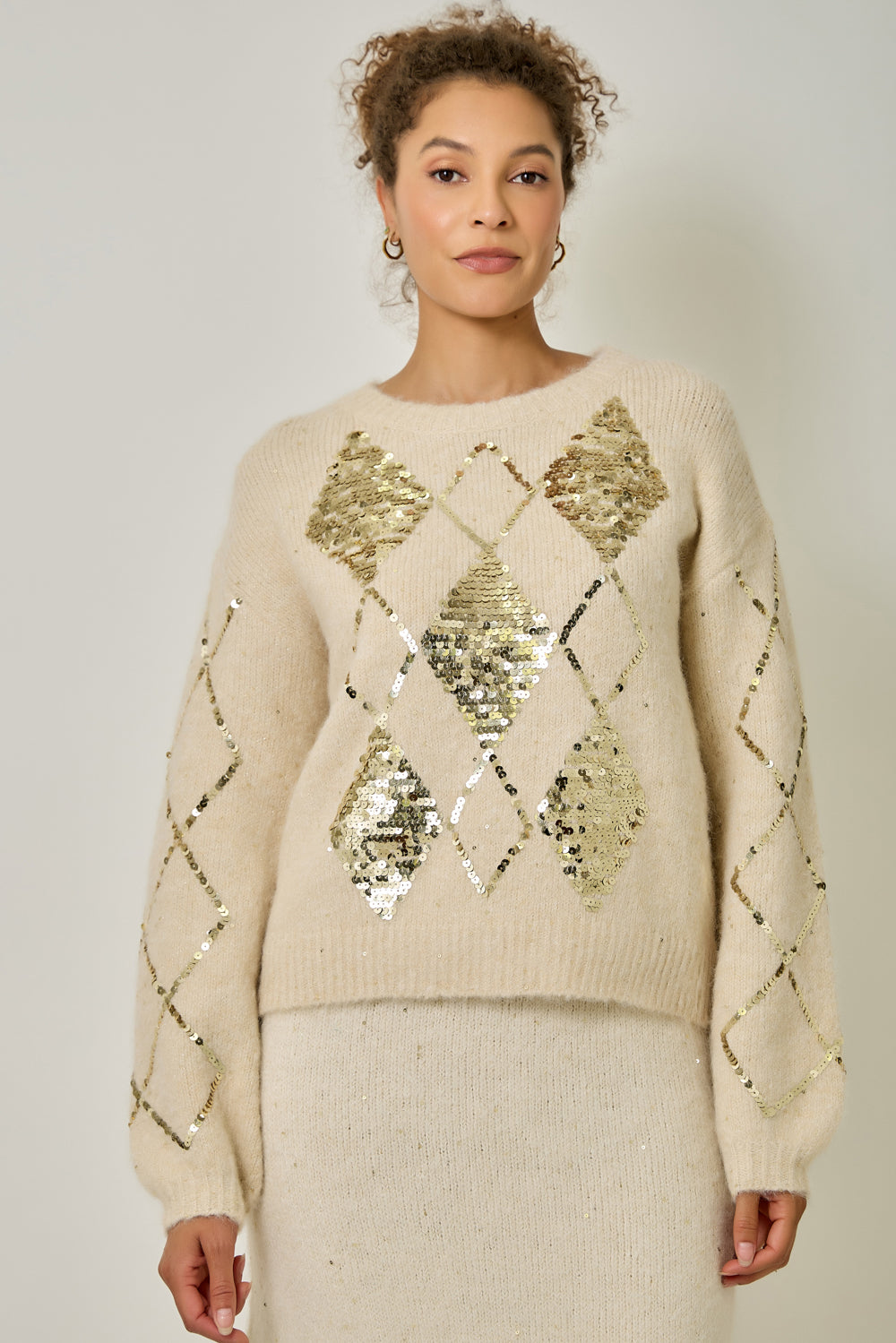 Argyle Sequin Mohair Sweater with Bubble Sleeves