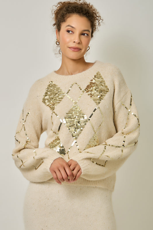 Argyle Sequin Mohair Sweater with Bubble Sleeves