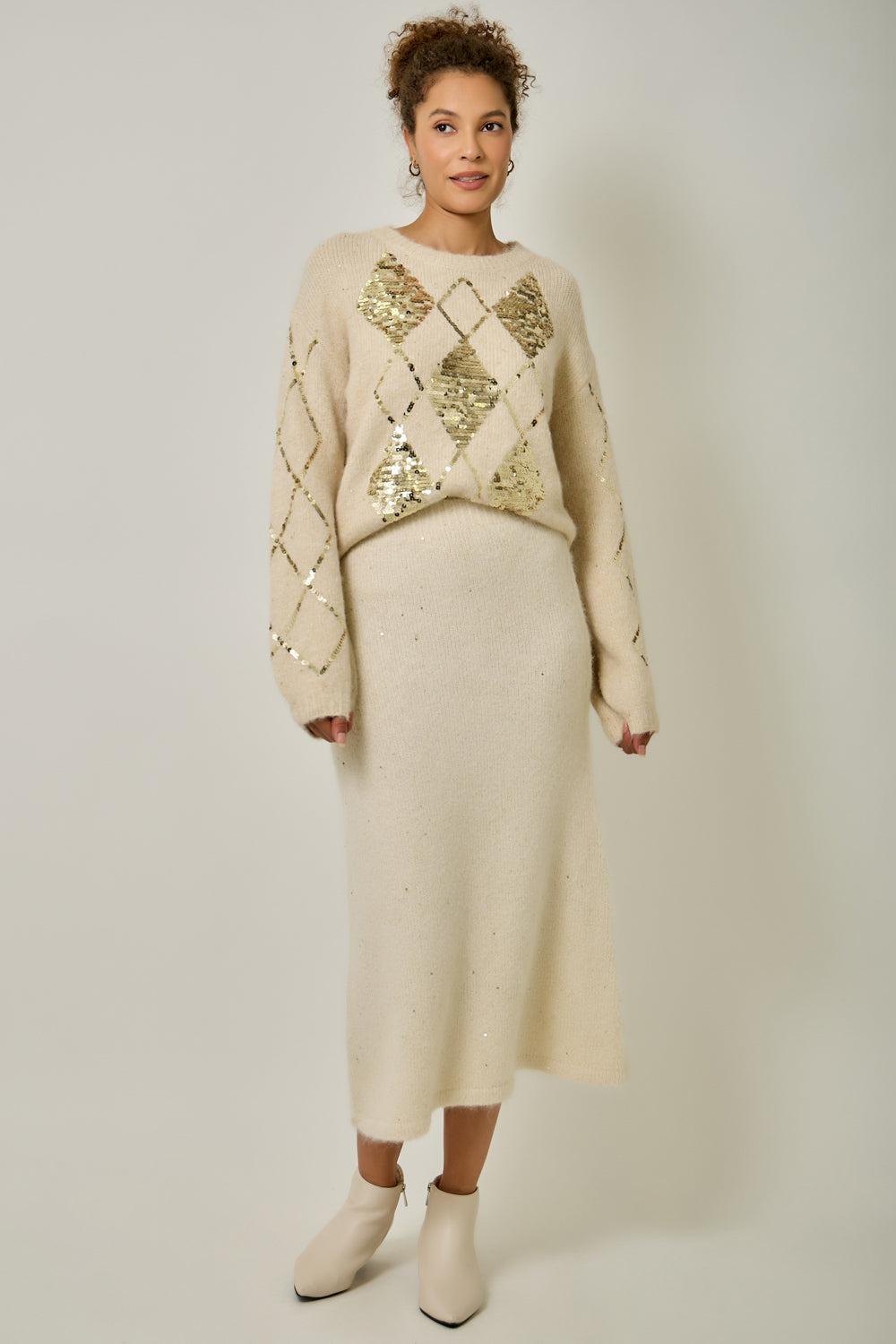 Argyle Sequin Mohair Sweater with Bubble Sleeves