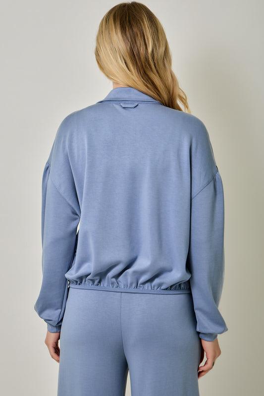 Scuba Jersey Athletic Zip-Up Jacket with Ruched Sleeves