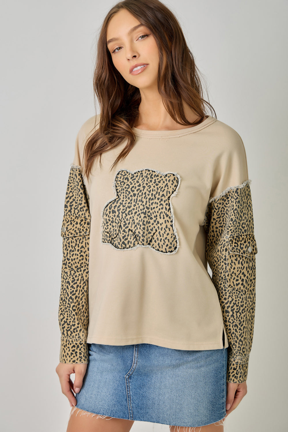 Leopard Print Denim Mixed Sweatshirt with Pockets