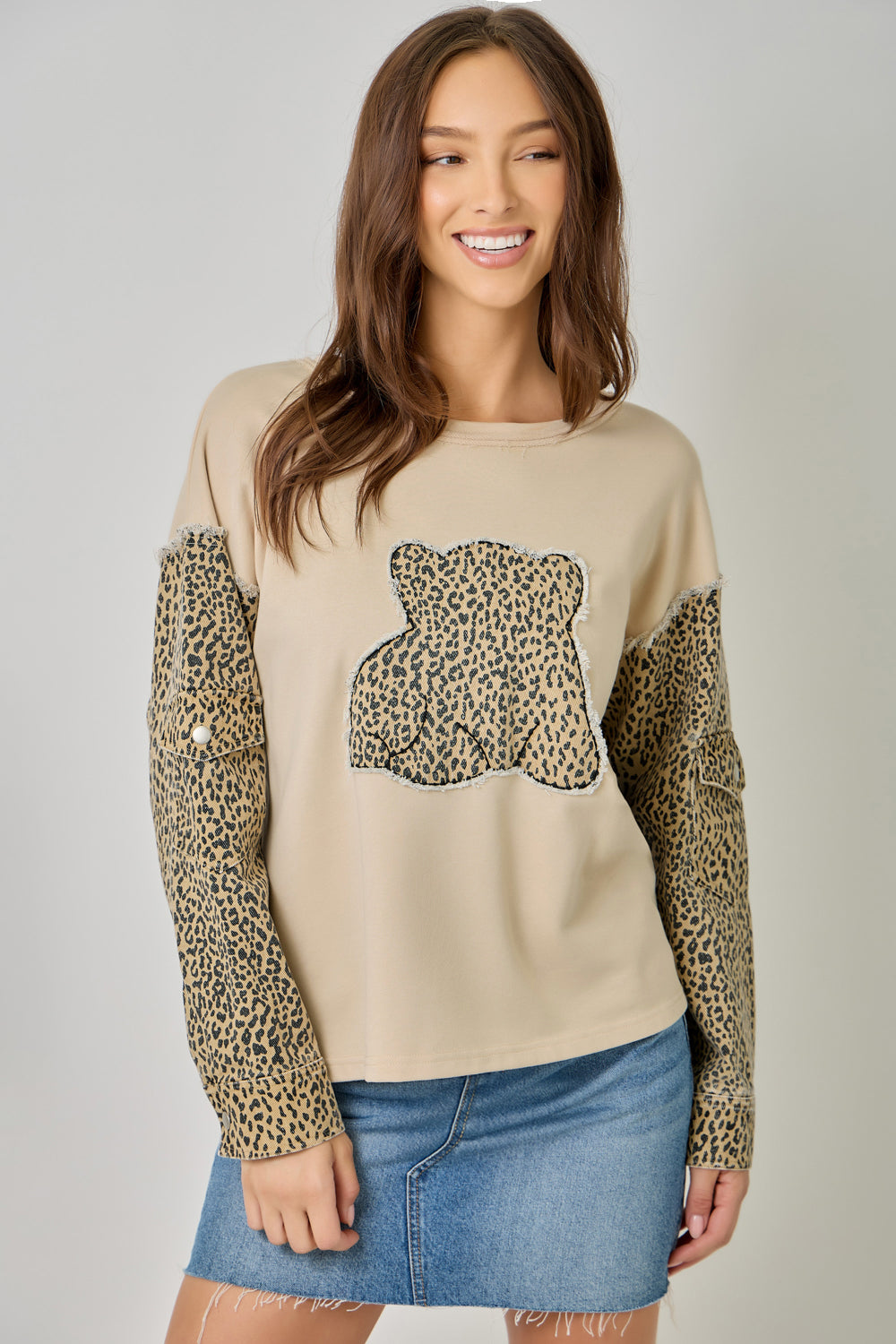 Leopard Print Denim Mixed Sweatshirt with Pockets