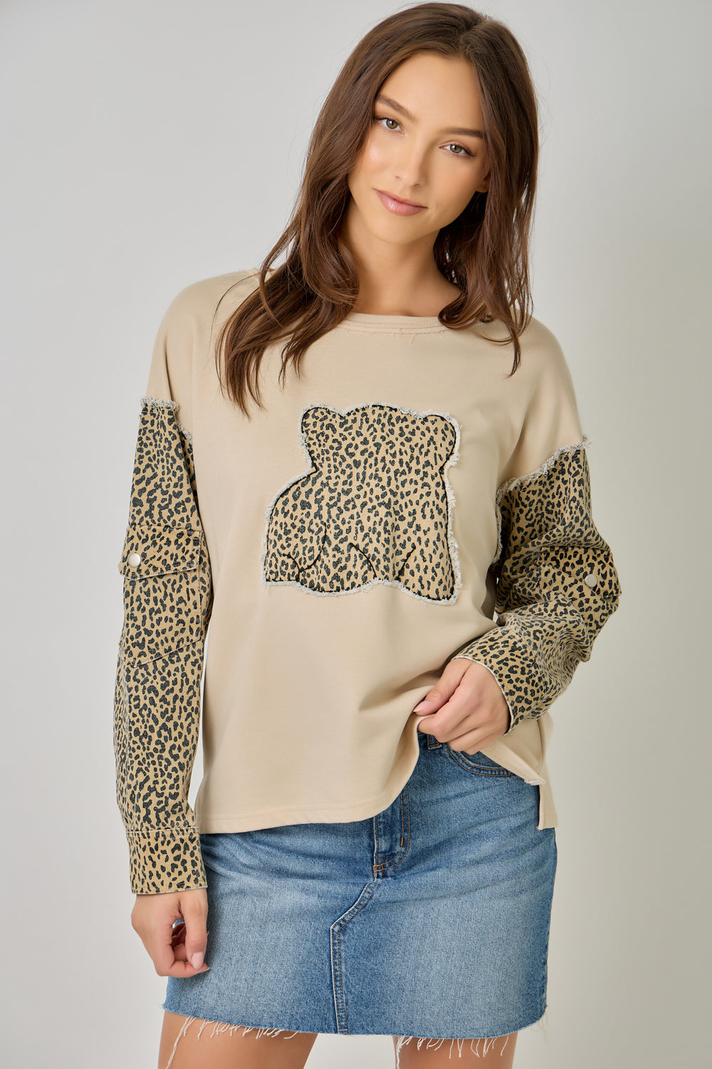 Leopard Print Denim Mixed Sweatshirt with Pockets